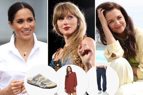 Meghan Markle, Taylor Swift and Katie Holmes with insets of a shearling Birkenstock, Reformation shirtdress and Alo Yoga joggers