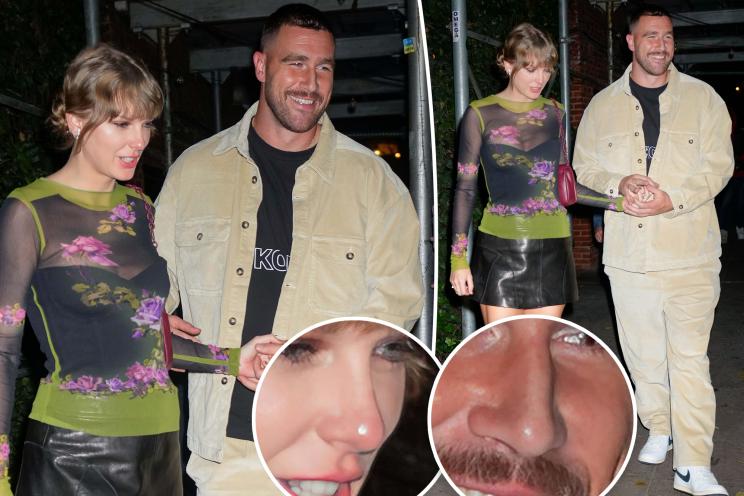 Taylor Swift and Travis Kelce split image with up close of their noses.