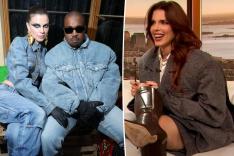 Julia Fox and Kanye West sit down and pose together in denim outfits in the left photo. The right photo shows Fox sitting and talking.